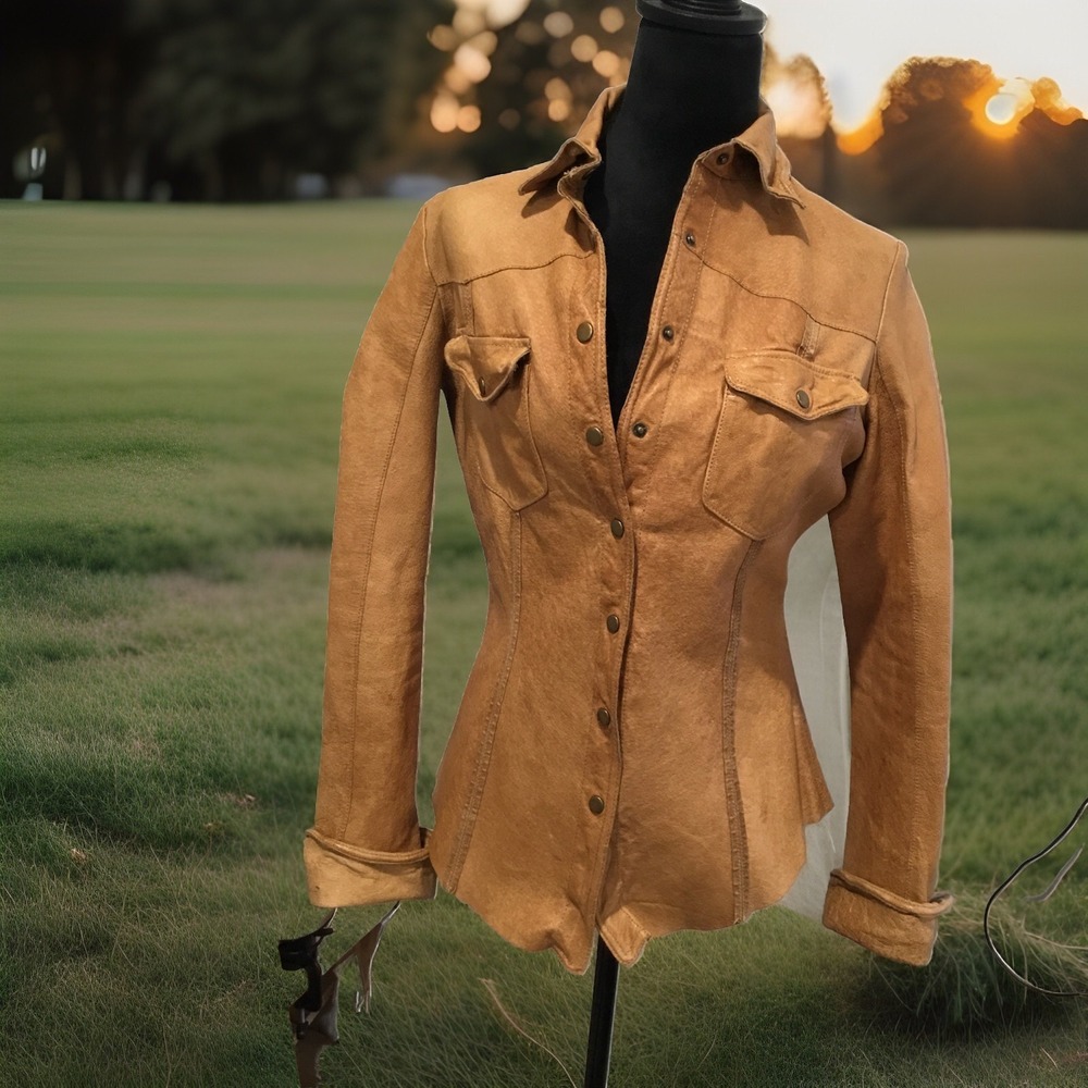 Jackett Leather Shirt Women's small brown button up ranch wear Western